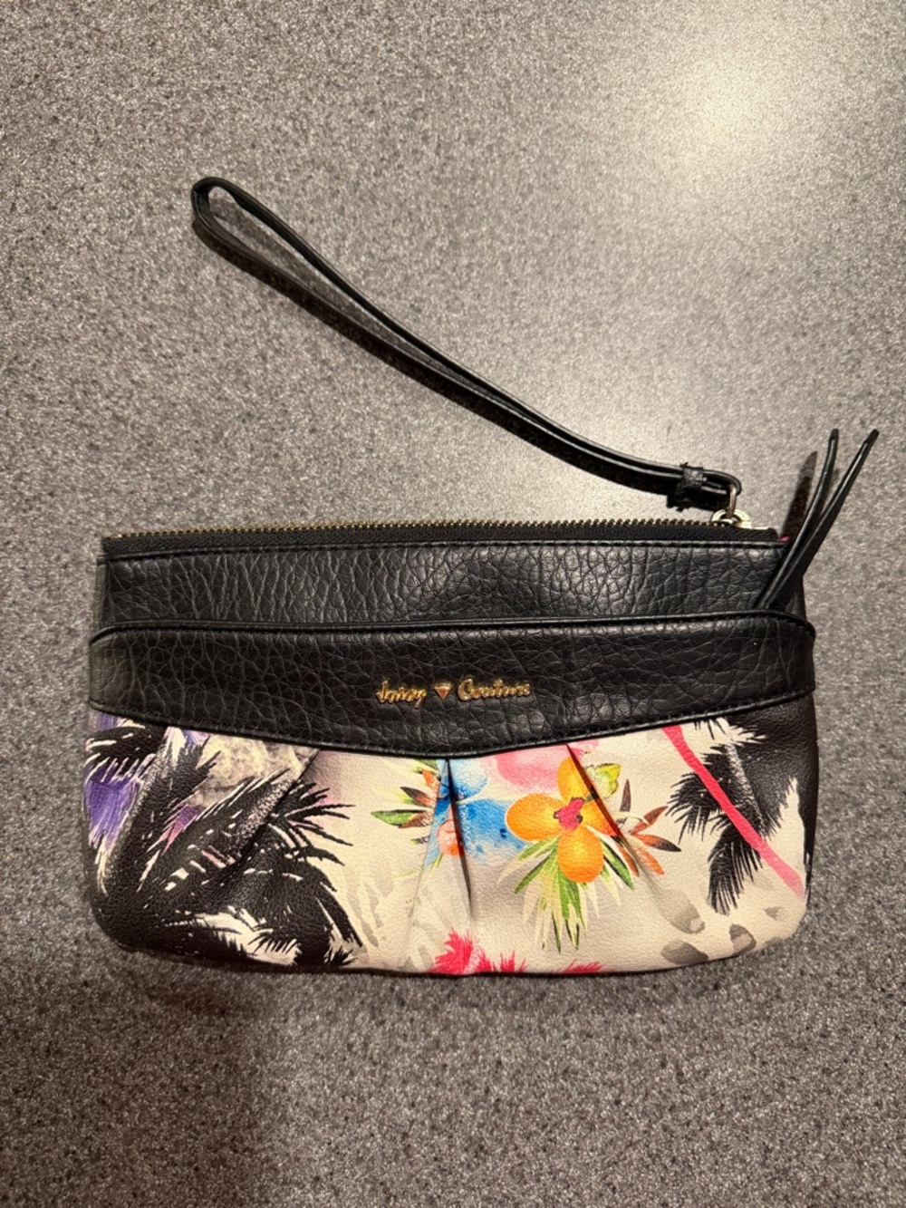 Juicy Couture Tropical Floral Wristlet Clutch Wallet Black Cream